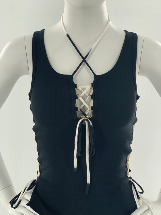 Crisscross Halter Tank Top with Black & White Straps