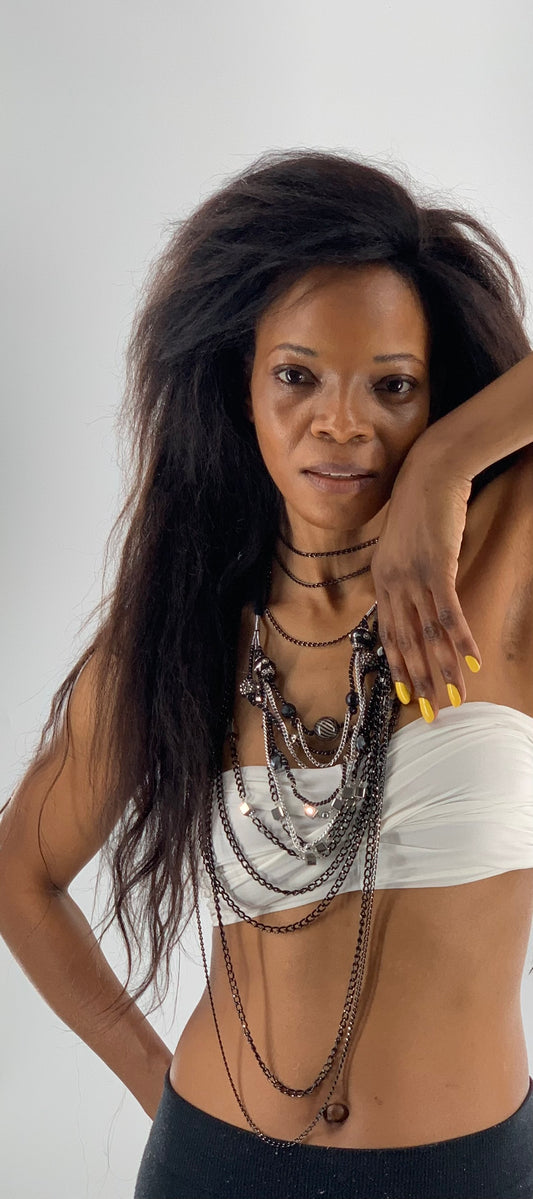 Rock-Chick Layered Necklace with Gothıc Glass Beads & Black Chains