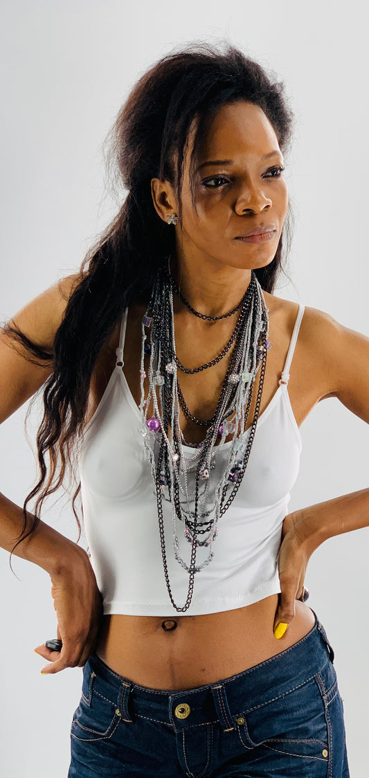 Silver Lake Nylon Layered Necklace with Gothıc Glass Beads