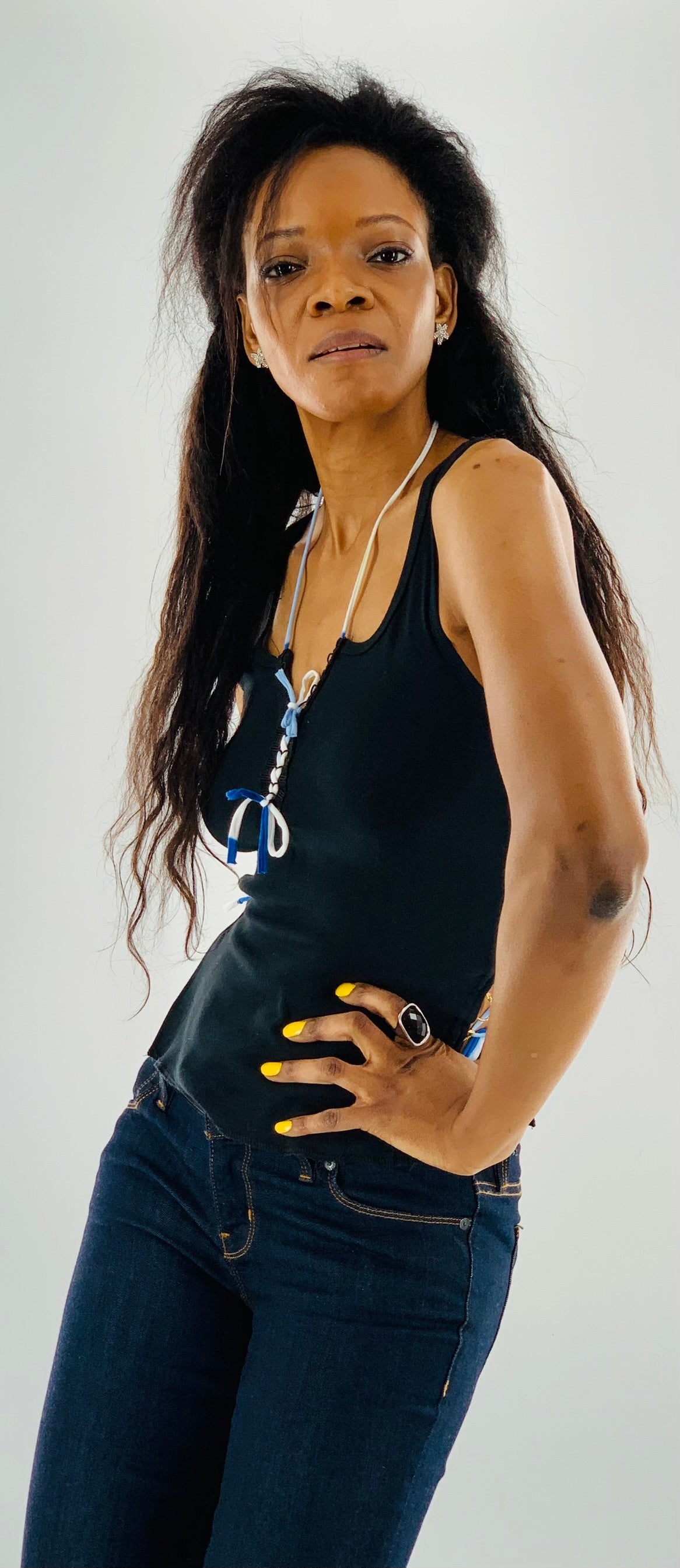 Crisscross Halter Tank Top with White & Blue Straps