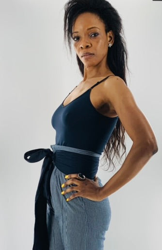 High-Waist Straight Leg Striped Trousers w/t Wide Linen belt|