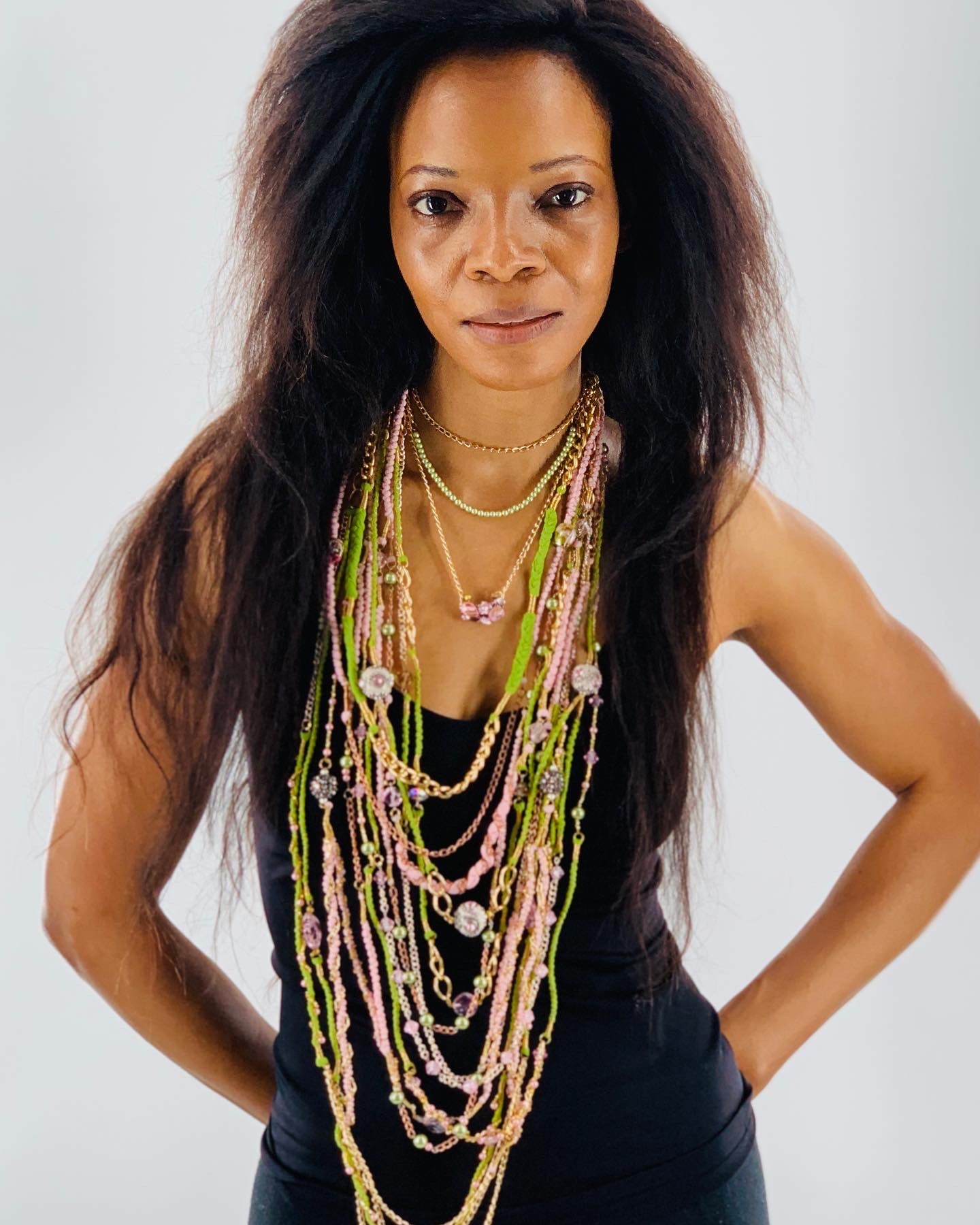 Green & Pink Layered Necklace With Gold, Brass and Nylon Chain and Specialty Glass Beads