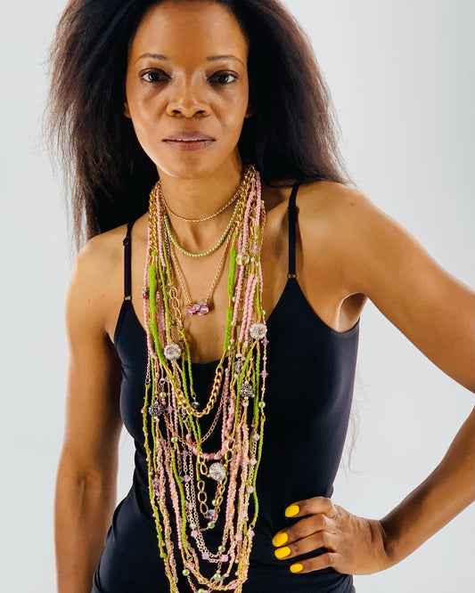 Green & Pink Layered Necklace With Gold, Brass and Nylon Chain and Specialty Glass Beads