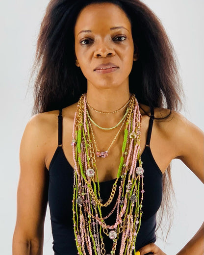 Green & Pink Layered Necklace With Gold, Brass and Nylon Chain and Specialty Glass Beads