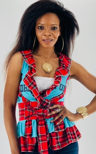 Irish Plaid Belted Blue Top