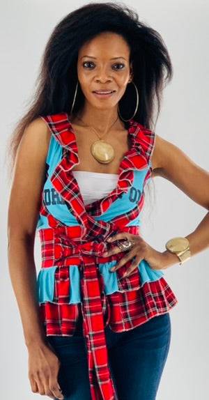 Irish Plaid Belted Blue Top