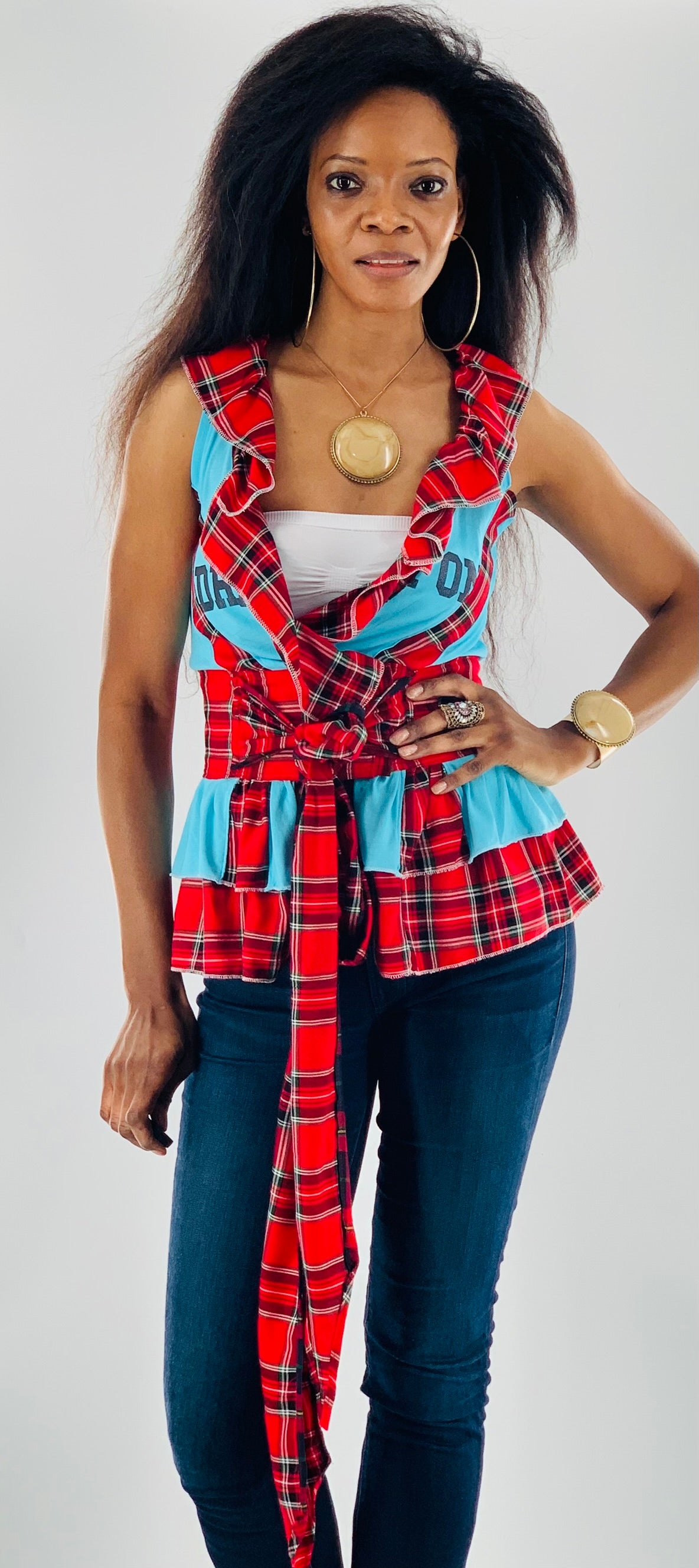 Irish Plaid Belted Blue Top