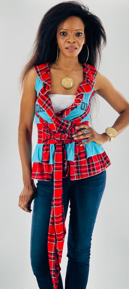 Irish Plaid Belted Blue Top