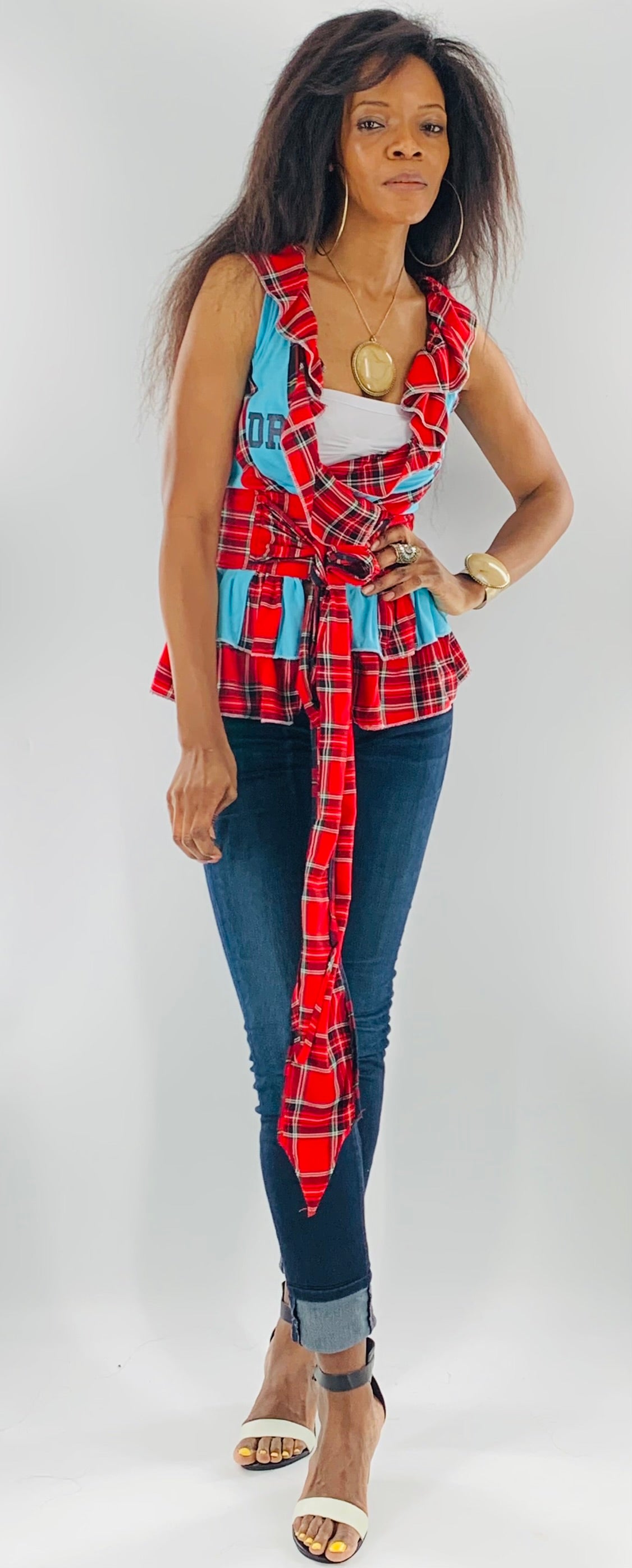 Irish Plaid Belted Blue Top