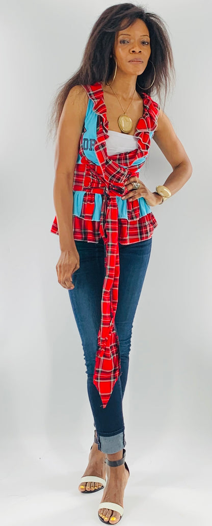 Irish Plaid Belted Blue Top