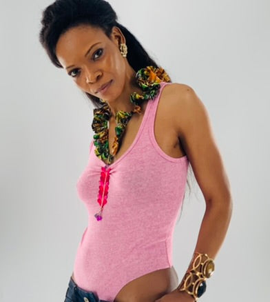 Pink Double Neckline Bodysuit - Jungle Print