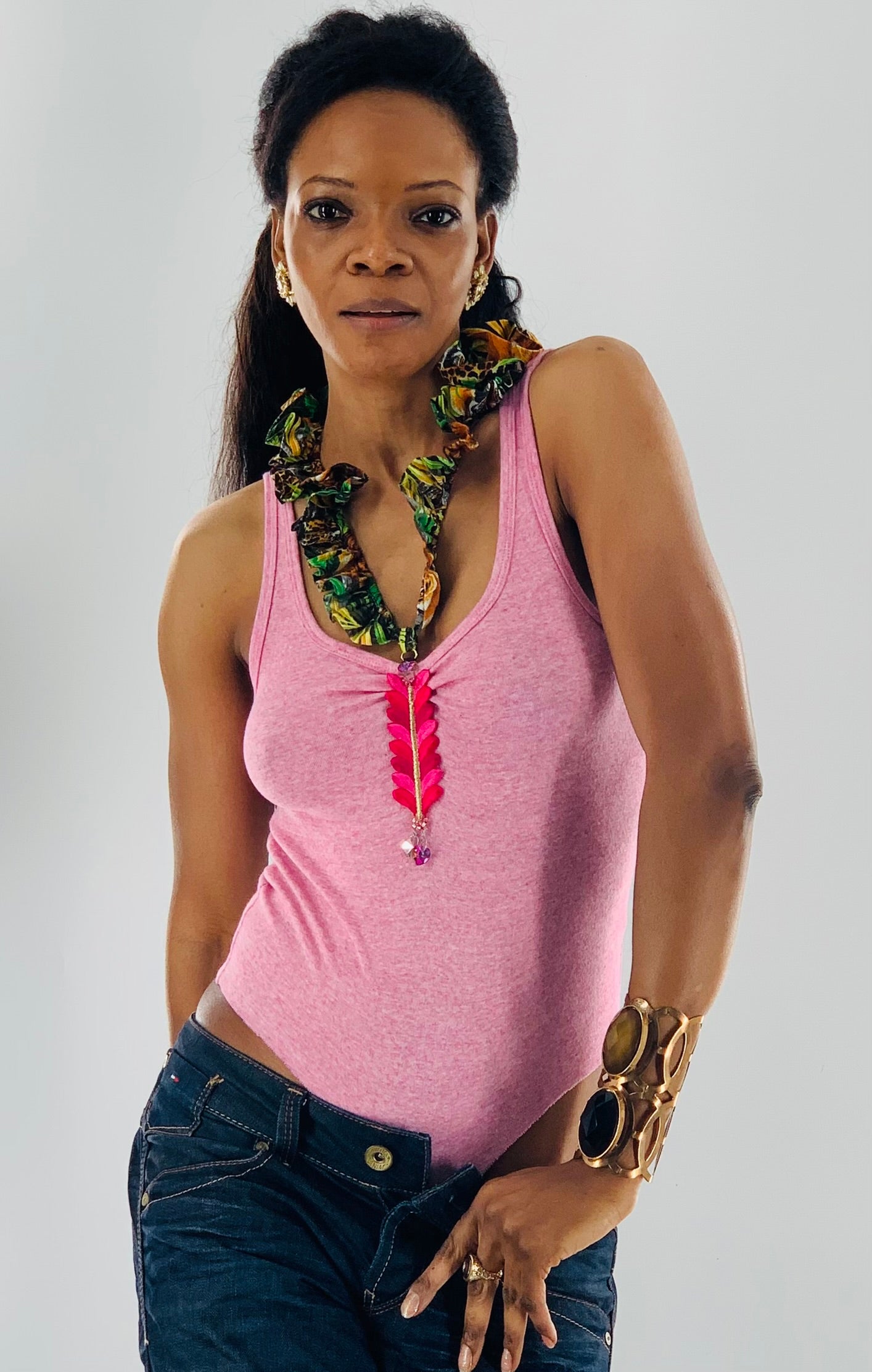 Pink Double Neckline Bodysuit - Jungle Print