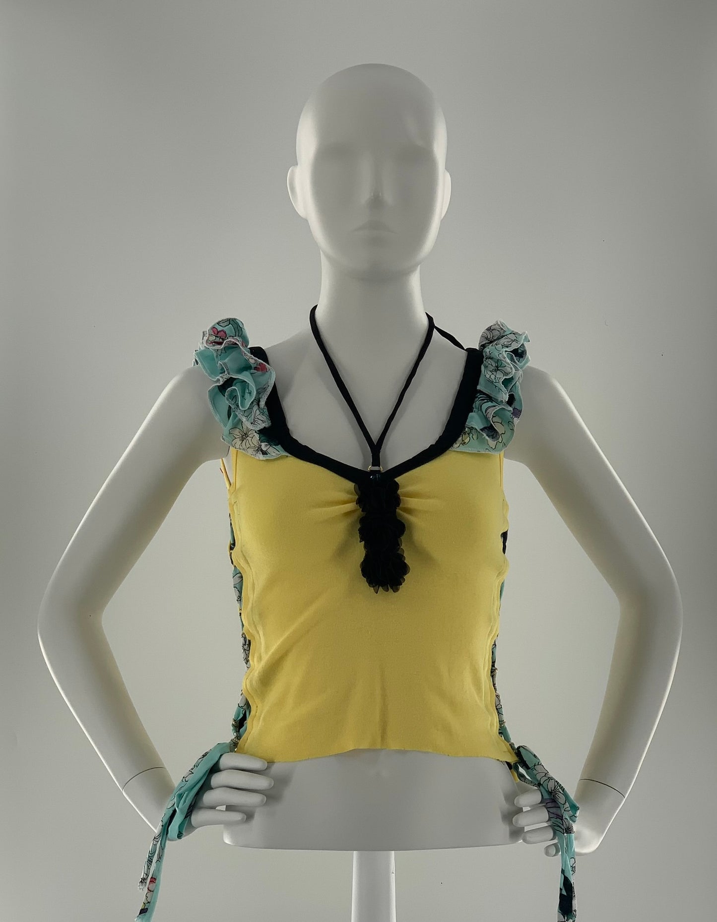Lace Up Cropped Top with Ruffled Straps  & Silk Flower | Yellow