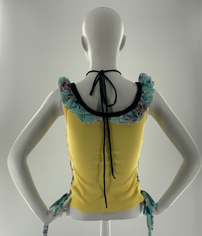 Lace Up Cropped Top with Ruffled Straps  & Silk Flower | Yellow