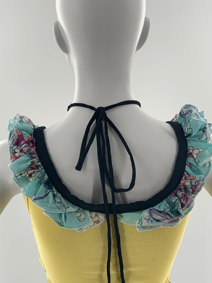 Lace Up Cropped Top with Ruffled Straps  & Silk Flower | Yellow