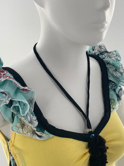 Lace Up Cropped Top with Ruffled Straps  & Silk Flower | Yellow
