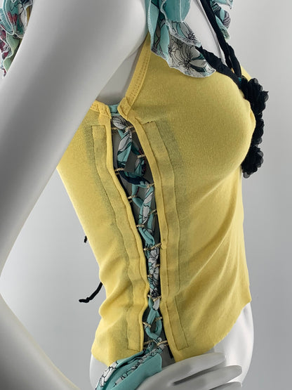 Lace Up Cropped Top with Ruffled Straps  & Silk Flower | Yellow