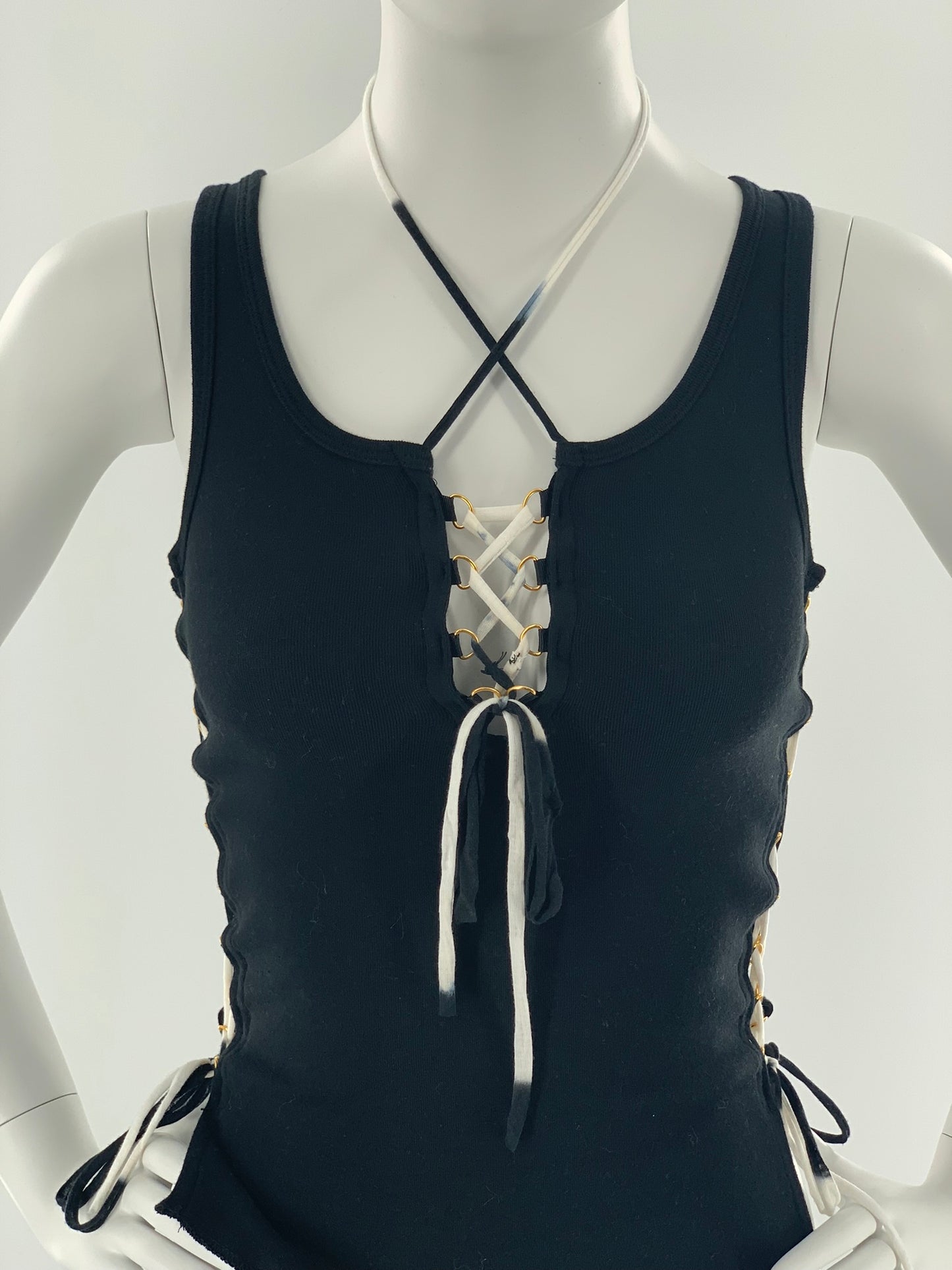 Crisscross Halter Tank Top with  Black & White Straps