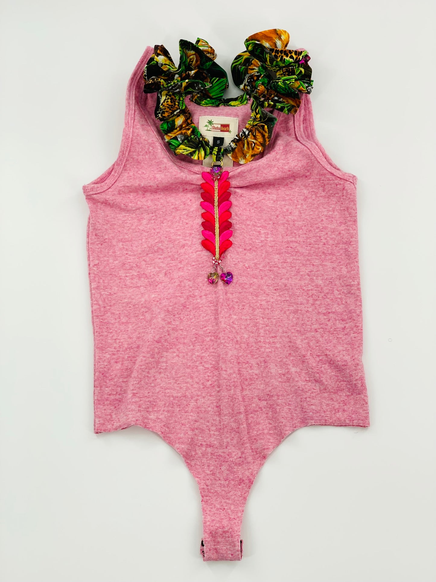 Pink Double Neckline Bodysuit - Jungle Print