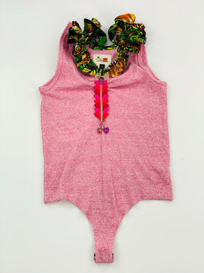 Pink Double Neckline Bodysuit - Jungle Print