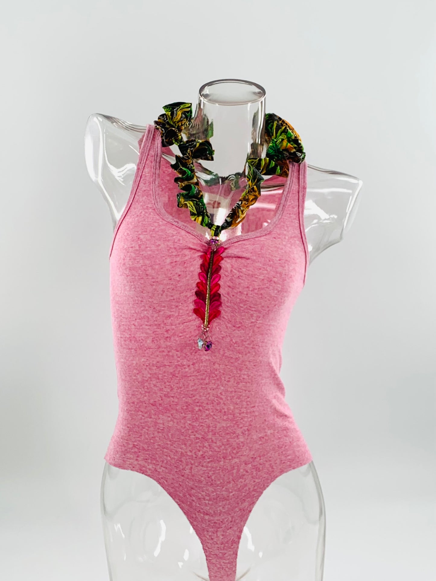 Pink Double Neckline Bodysuit - Jungle Print