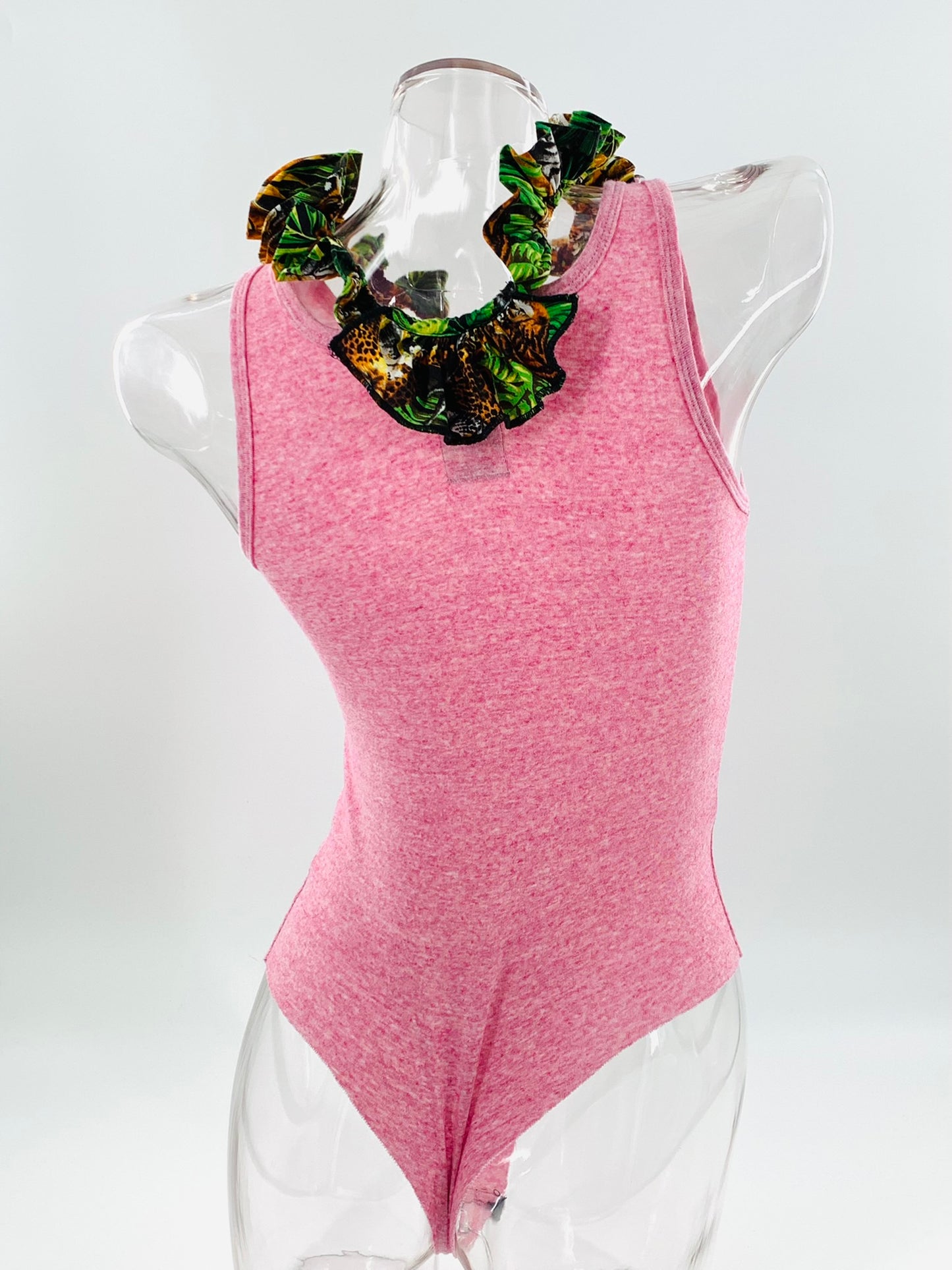 Pink Double Neckline Bodysuit - Jungle Print