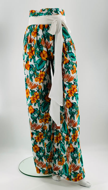 Belted High-Waist Wide Leg Floral Pants
