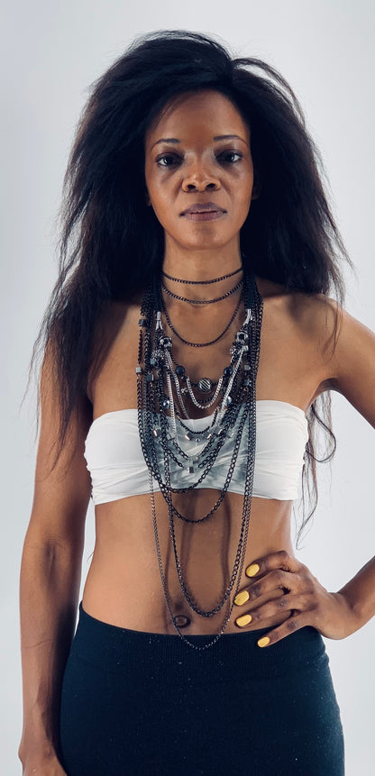 Rock-Chick Layered Necklace with Gothıc Glass Beads & Black Chains