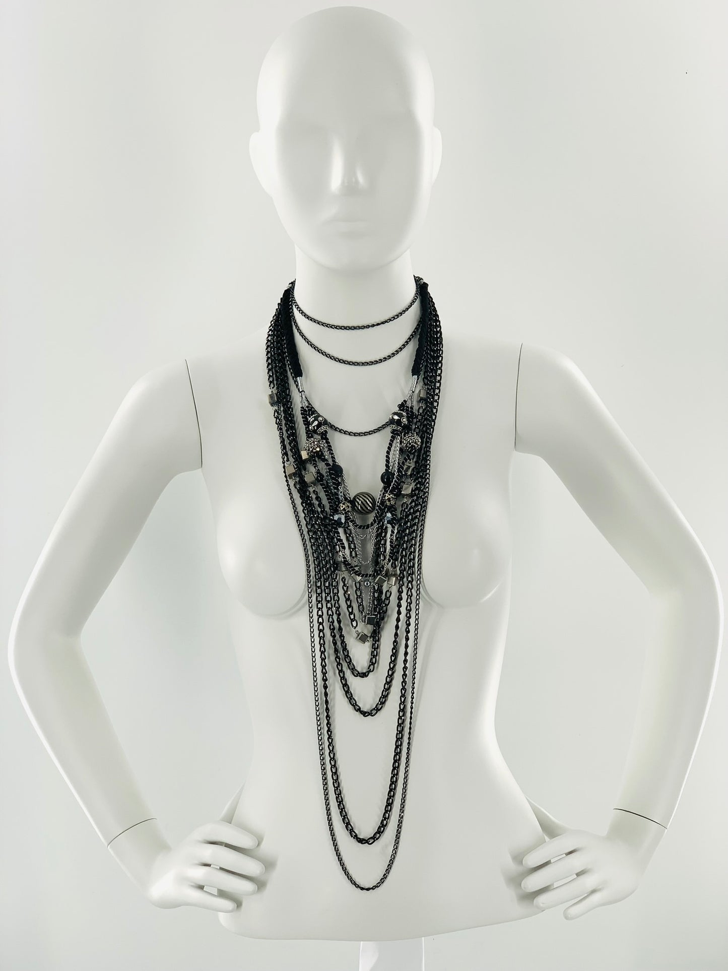Rock-Chick Layered Necklace with Gothıc Glass Beads & Black Chains