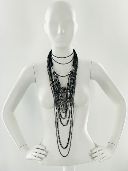Rock-Chick Layered Necklace with Gothıc Glass Beads & Black Chains