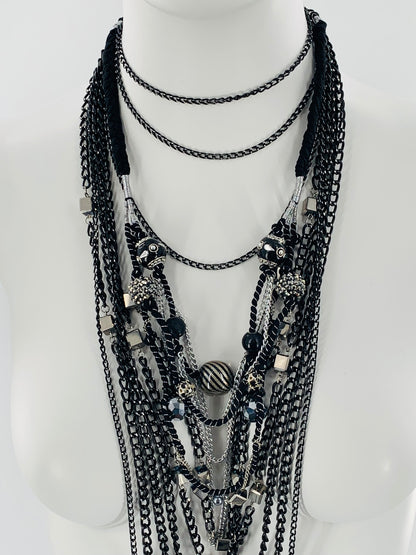 Rock-Chick Layered Necklace with Gothıc Glass Beads & Black Chains