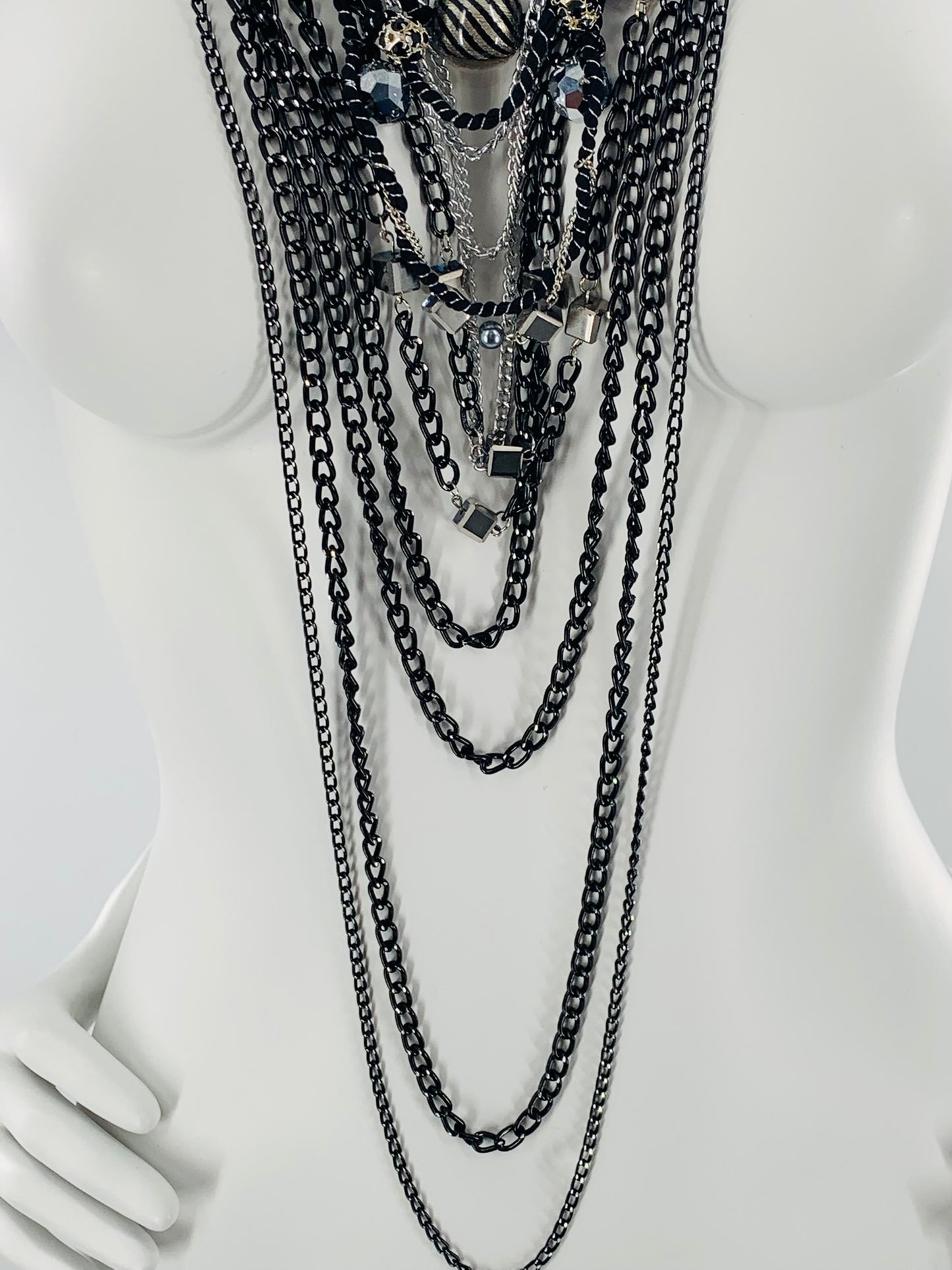 Rock-Chick Layered Necklace with Gothıc Glass Beads & Black Chains