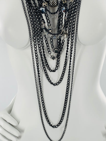 Rock-Chick Layered Necklace with Gothıc Glass Beads & Black Chains