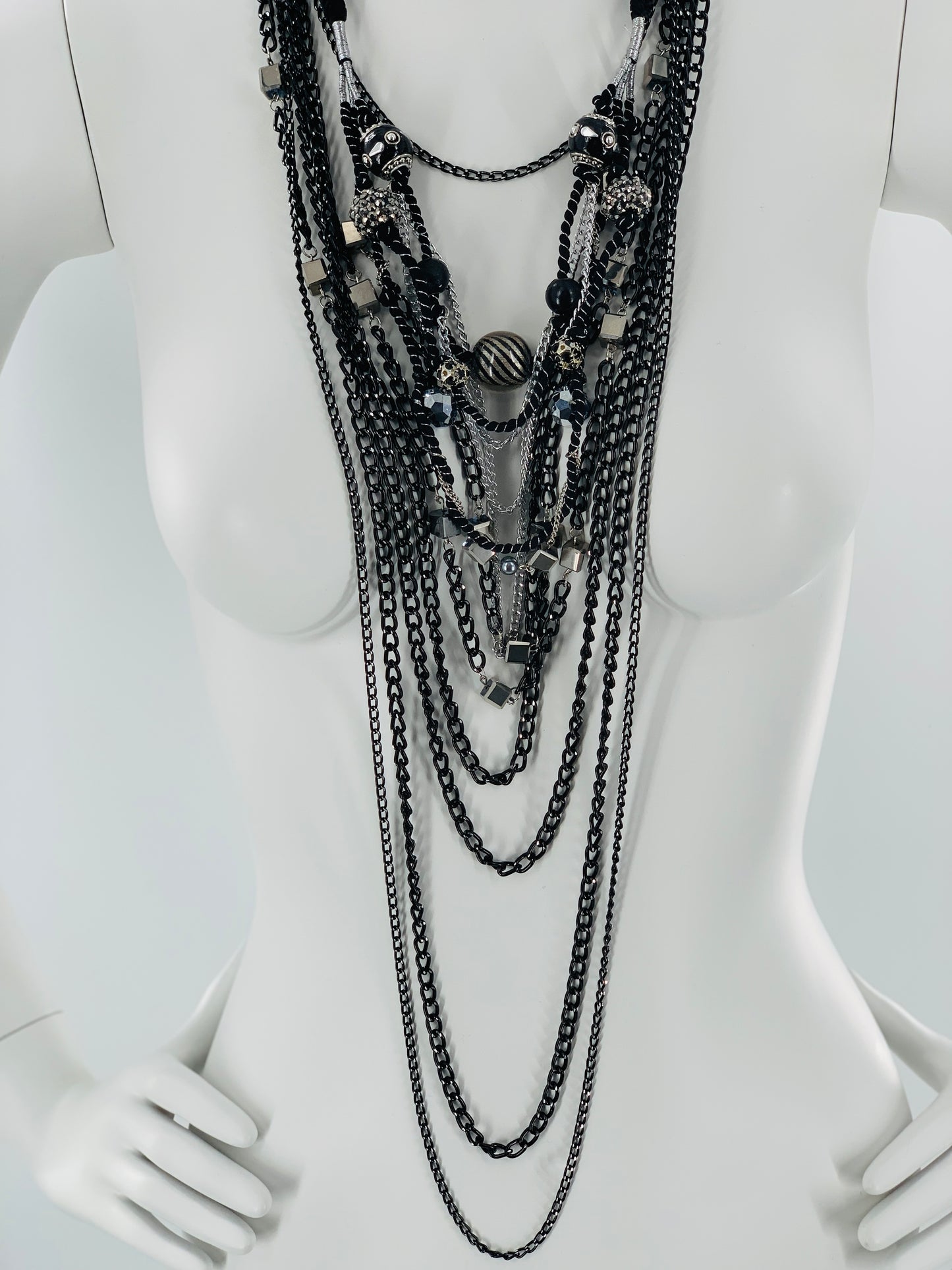 Rock-Chick Layered Necklace with Gothıc Glass Beads & Black Chains