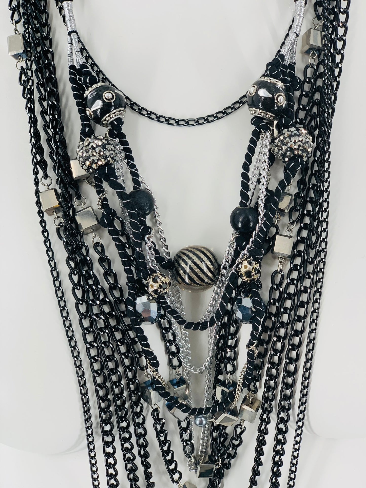 Rock-Chick Layered Necklace with Gothıc Glass Beads & Black Chains
