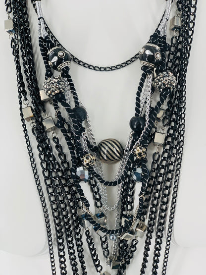 Rock-Chick Layered Necklace with Gothıc Glass Beads & Black Chains