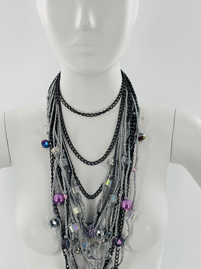 Silver Lake Nylon Layered Necklace with Gothıc Glass Beads