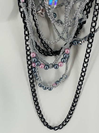 Silver Lake Nylon Layered Necklace with Gothıc Glass Beads