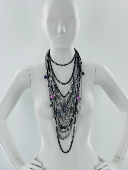Silver Lake Nylon Layered Necklace with Gothıc Glass Beads