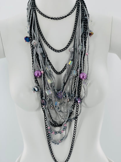 Silver Lake Nylon Layered Necklace with Gothıc Glass Beads