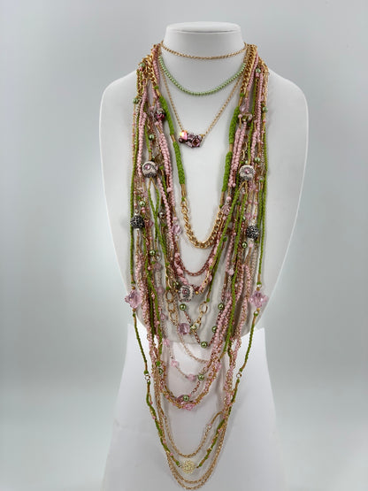 Green & Pink Layered Necklace With Gold, Brass and Nylon Chain and Specialty Glass Beads