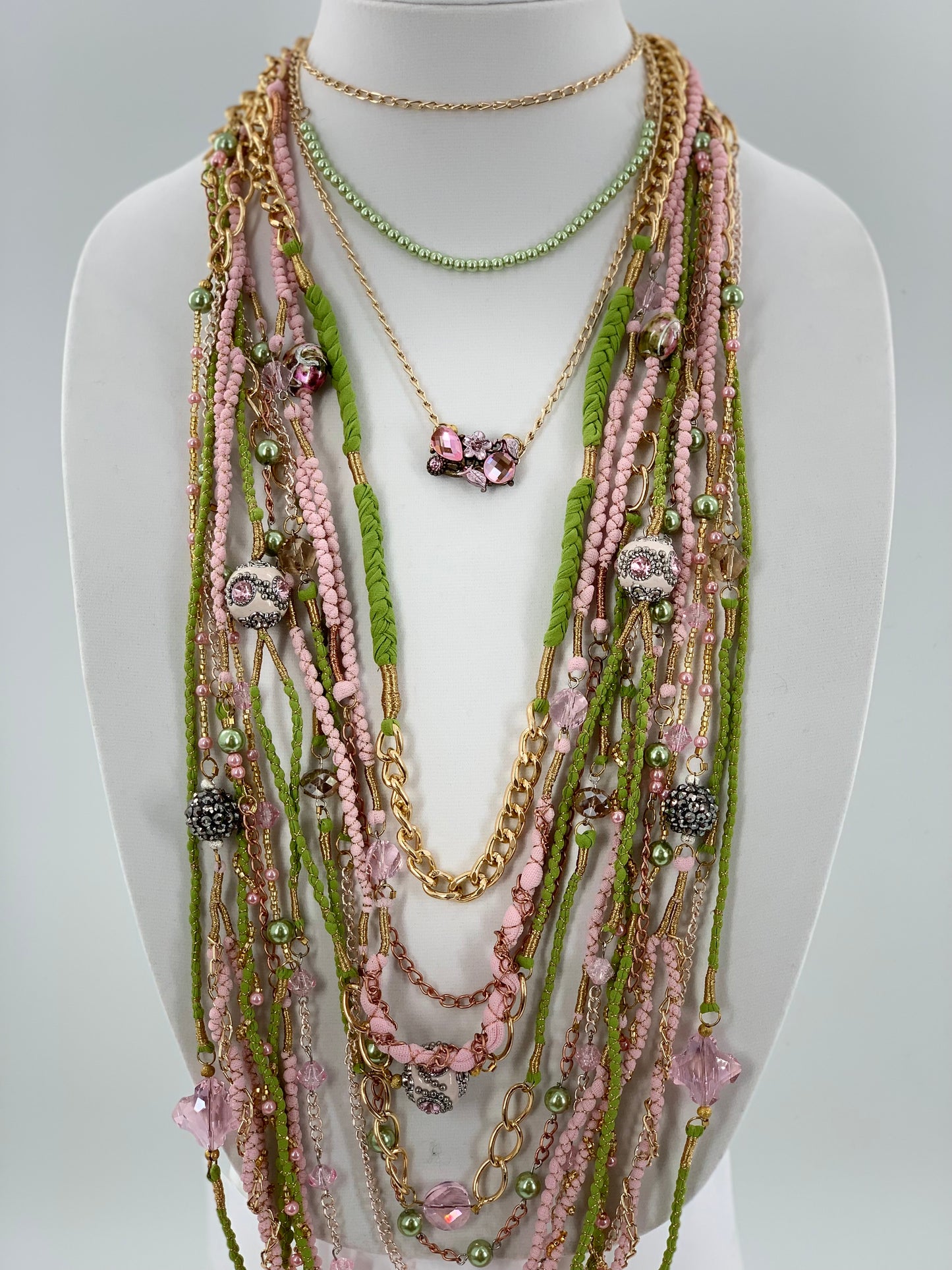 Green & Pink Layered Necklace With Gold, Brass and Nylon Chain and Specialty Glass Beads