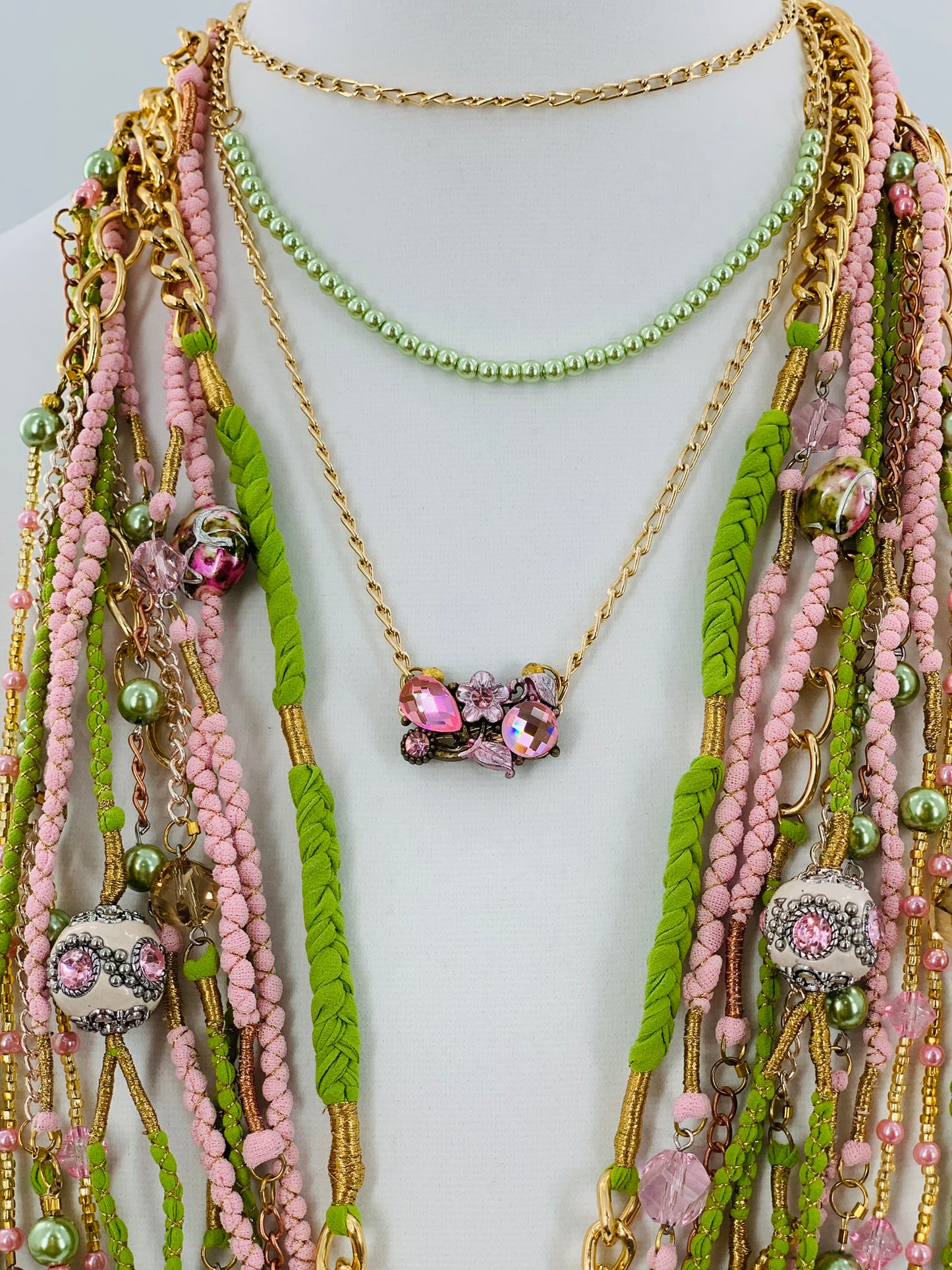 Green & Pink Layered Necklace With Gold, Brass and Nylon Chain and Specialty Glass Beads