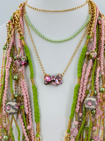 Green & Pink Layered Necklace With Gold, Brass and Nylon Chain and Specialty Glass Beads