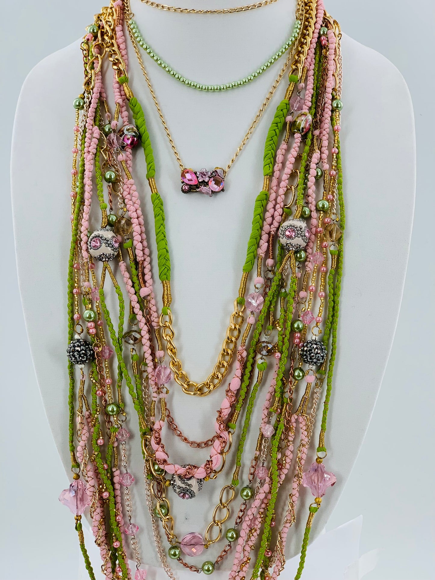 Green & Pink Layered Necklace With Gold, Brass and Nylon Chain and Specialty Glass Beads