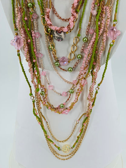 Green & Pink Layered Necklace With Gold, Brass and Nylon Chain and Specialty Glass Beads