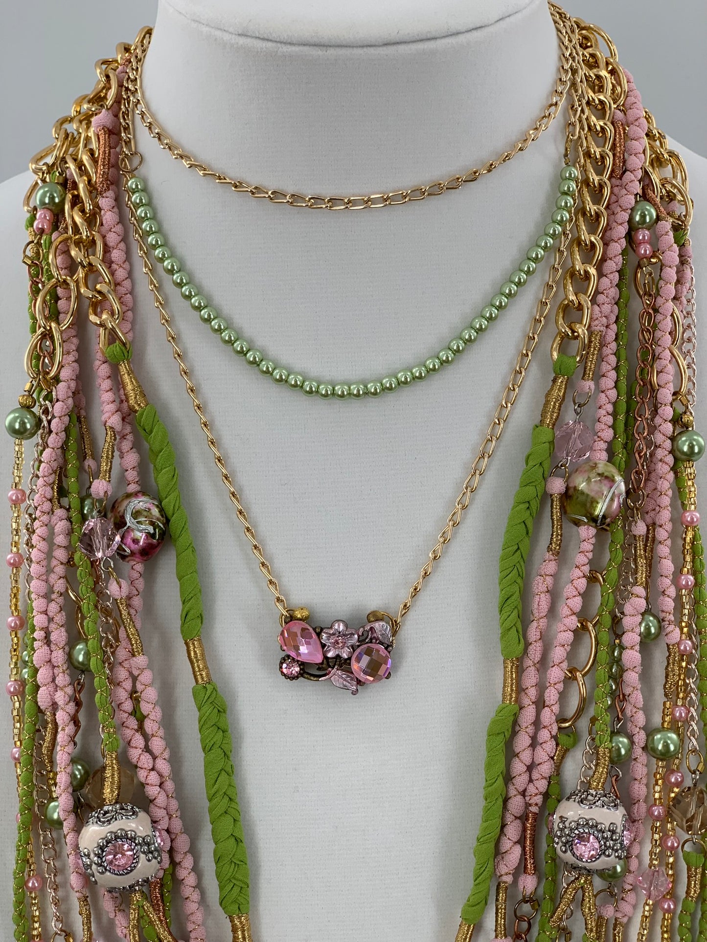 Green & Pink Layered Necklace With Gold, Brass and Nylon Chain and Specialty Glass Beads