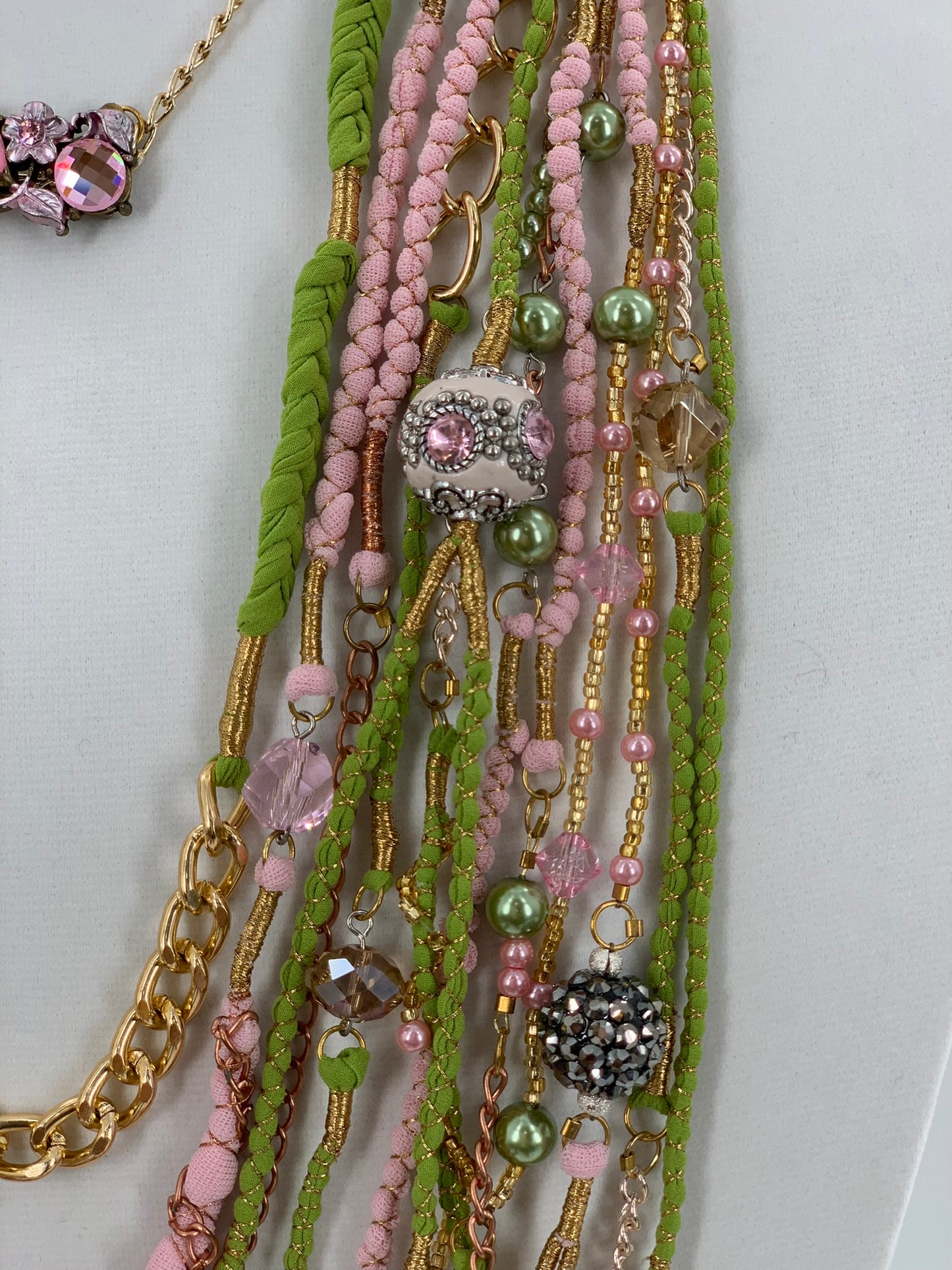 Green & Pink Layered Necklace With Gold, Brass and Nylon Chain and Specialty Glass Beads