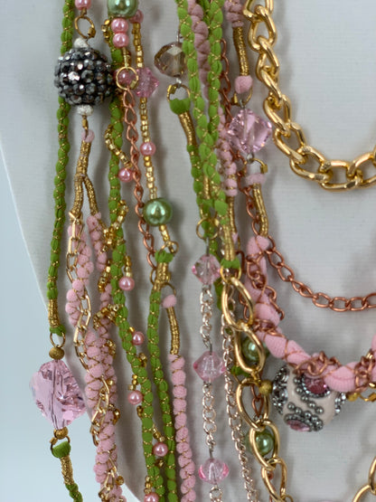 Green & Pink Layered Necklace With Gold, Brass and Nylon Chain and Specialty Glass Beads