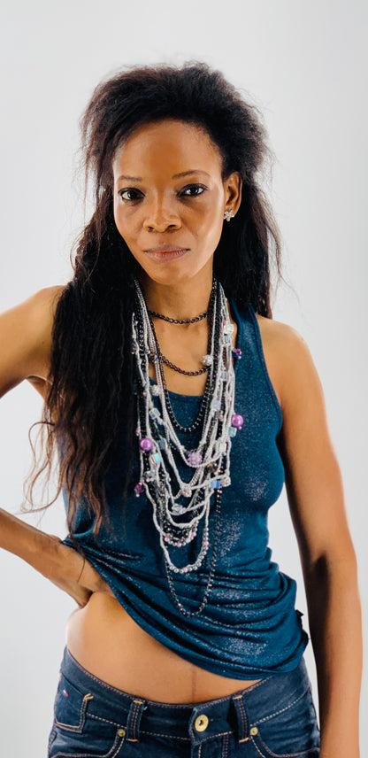 Silver Lake Nylon Layered Necklace with Gothıc Glass Beads